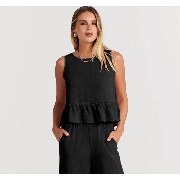 Prinbara Cropped Ruffle Tank Top Sleeveless Linen Blend Black XL - Picture 1 of 12